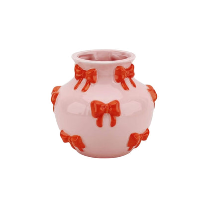 Vase - Flower Vase with Ribbons - Pink/Orange - 14.5x14.5x13cm