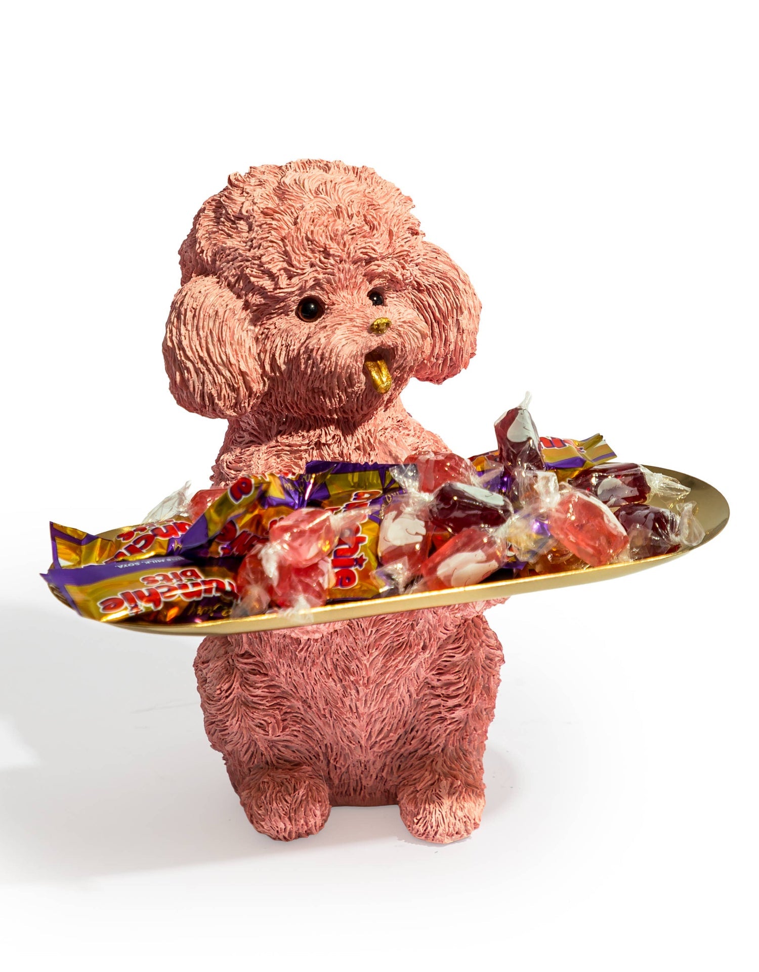 Caniche Rose Tenant un Plateau doré