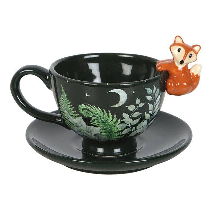 Green forest print tea mug with fox