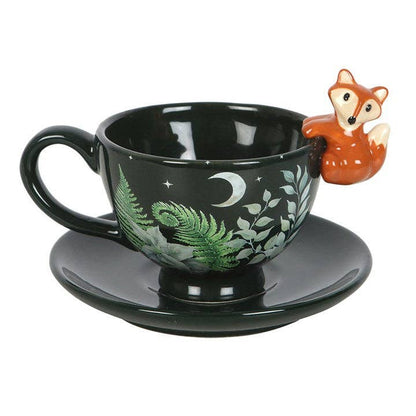 Green forest print tea mug with fox