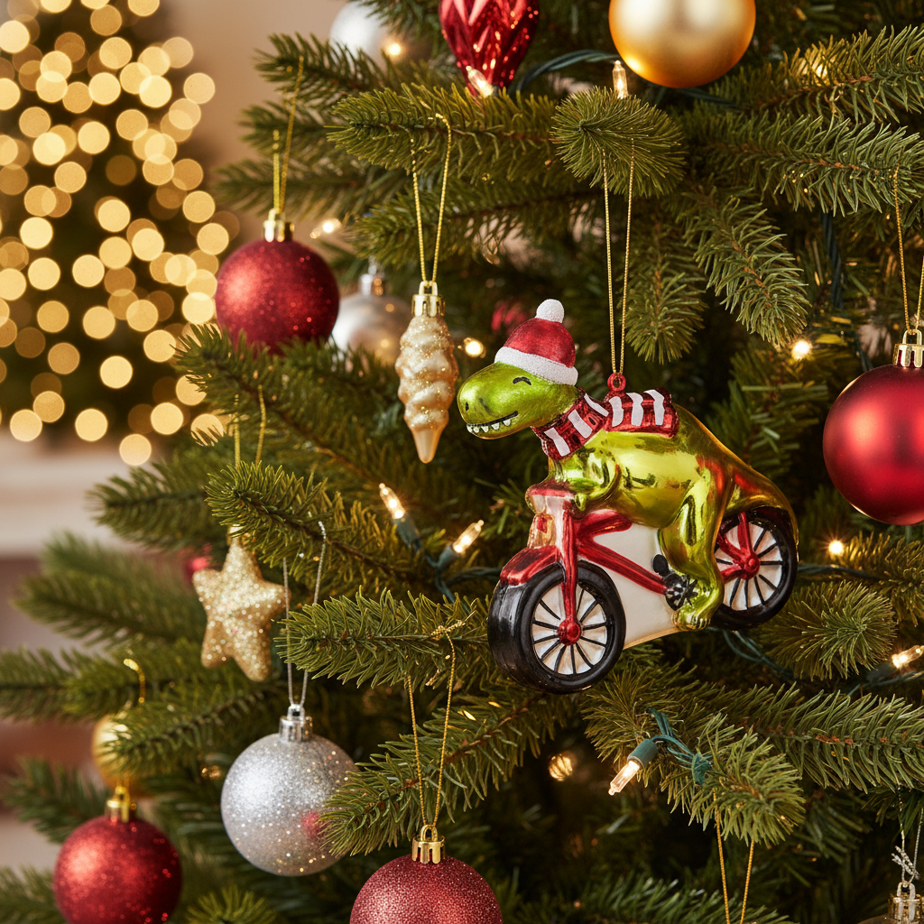 Dinosaurier-Weihnachtsball auf einem Fahrrad