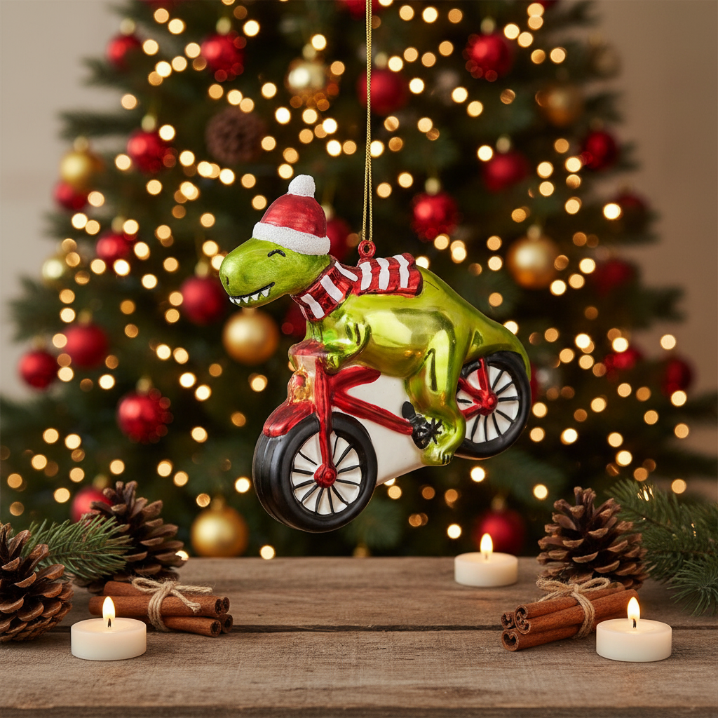 Dinosaurier-Weihnachtsball auf einem Fahrrad