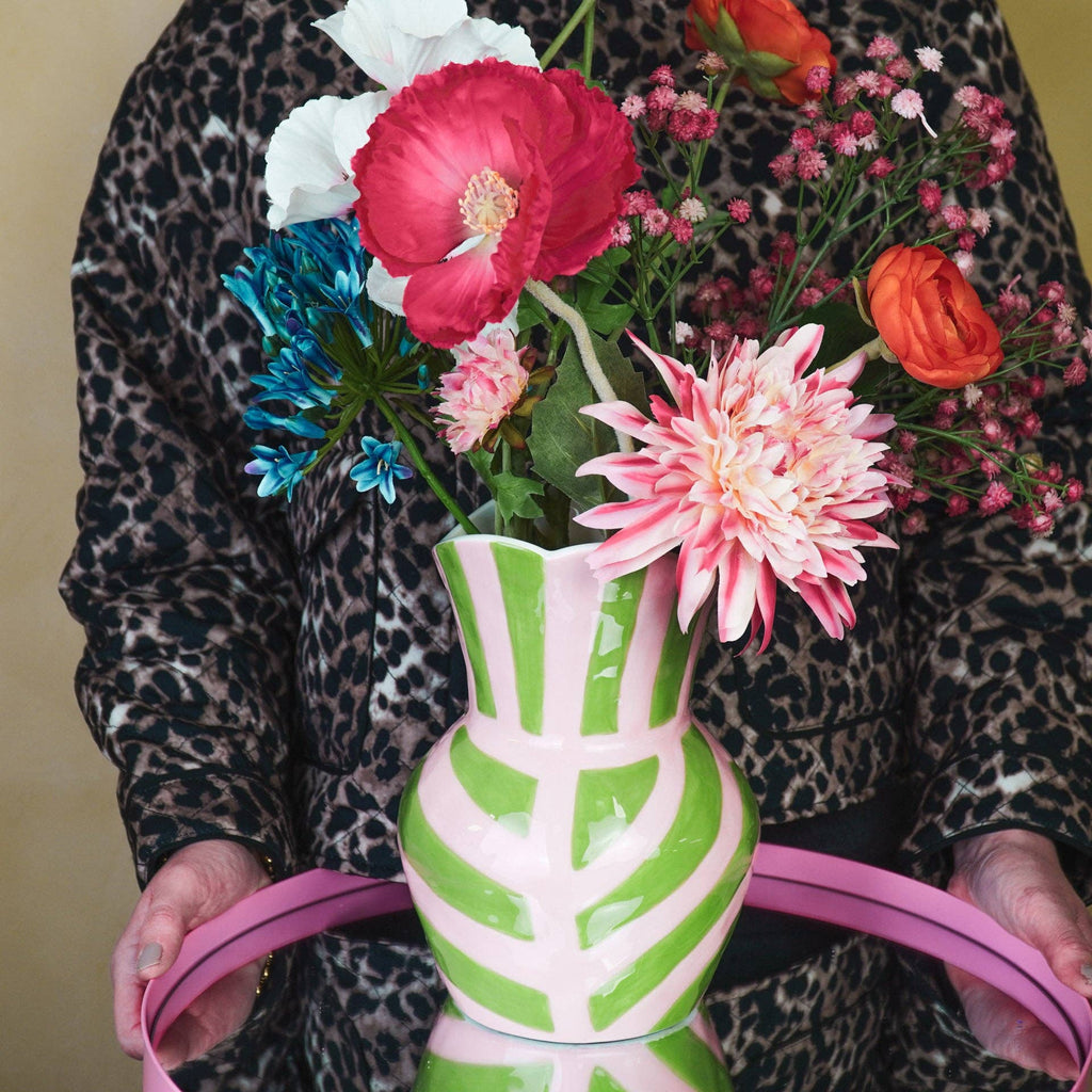 Vase - Stripes - Stoneware - Green/Pink - 16x16x22cm