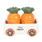 Salières et poivrières en forme de carottes dans un chariot | Design e regali originali