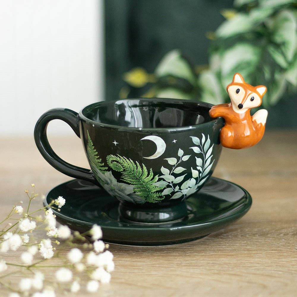 Green forest print tea mug with fox