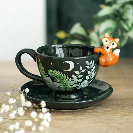 Green forest print tea mug with fox