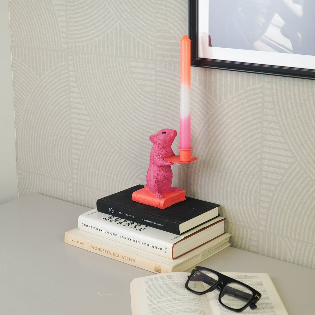 Candle holder - Mouse - Polyresin - Pink/Red - 8x10x17cm