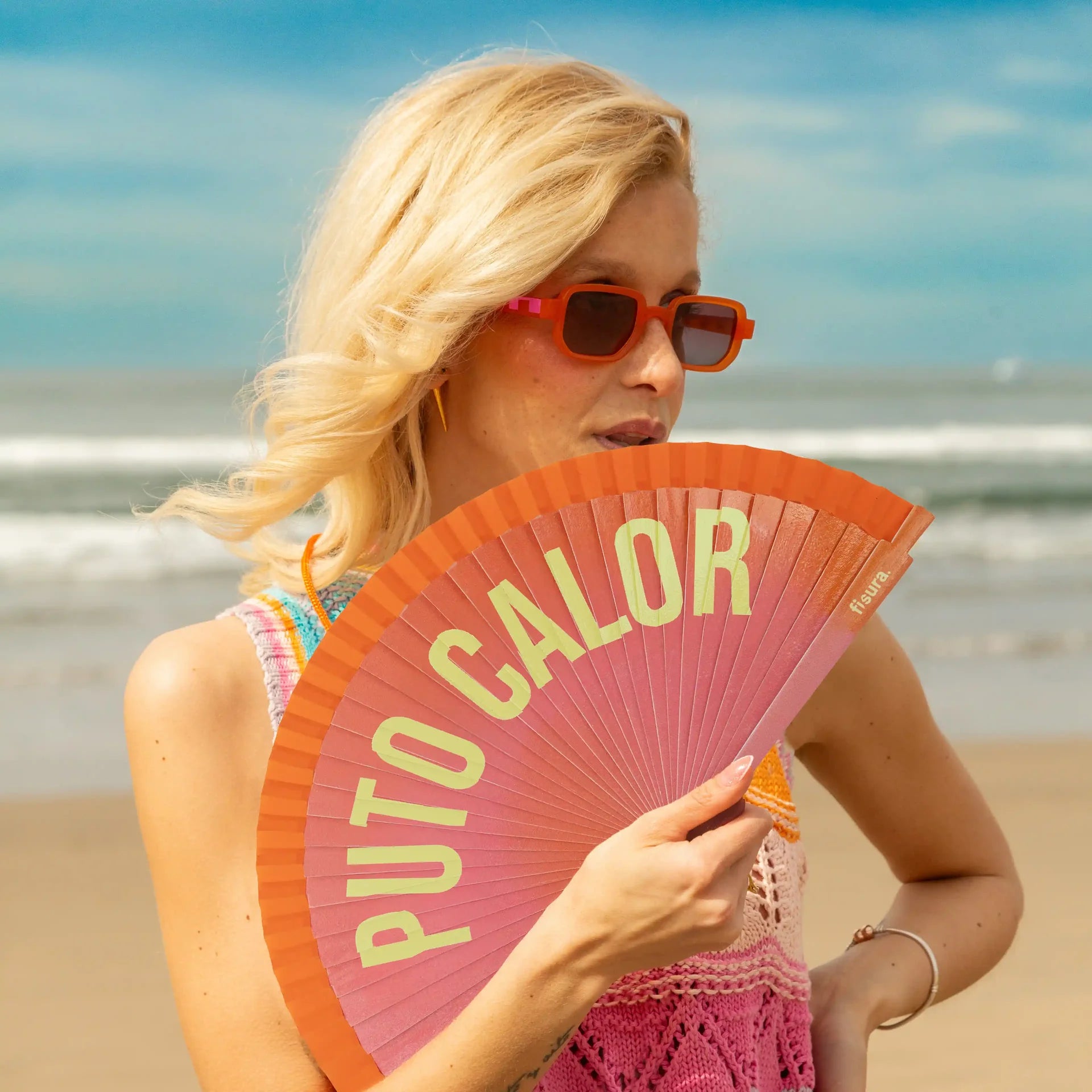 Éventail Imprimé « Puto calor » Effet Dégradé Orange – Fisura – vue 2