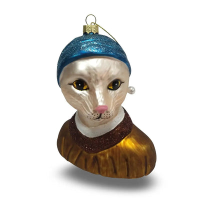 Boule de Noël Jeune Fille à la Perle Chat Blanc