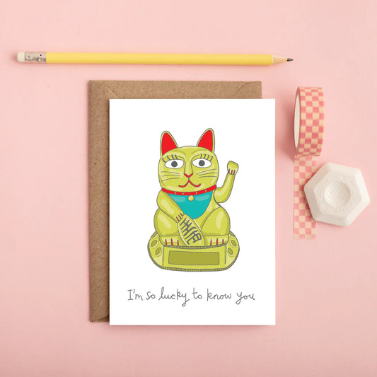 Carte de vœux Chat Chanceux "I'm so lucky to know you"