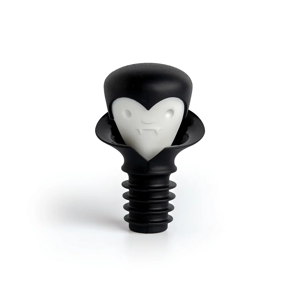 Meet Count Corkula, the black and white vampire bottle stopper with a cartoon face and fangs.