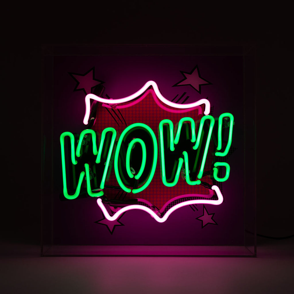 'WOW' Large Glass Neon Box Sign