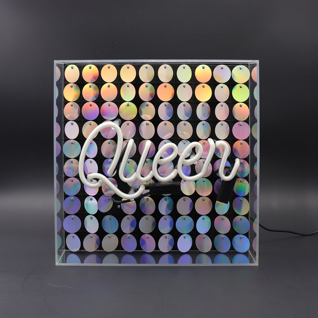 'Queen' Glass Neon Sign with Sequins