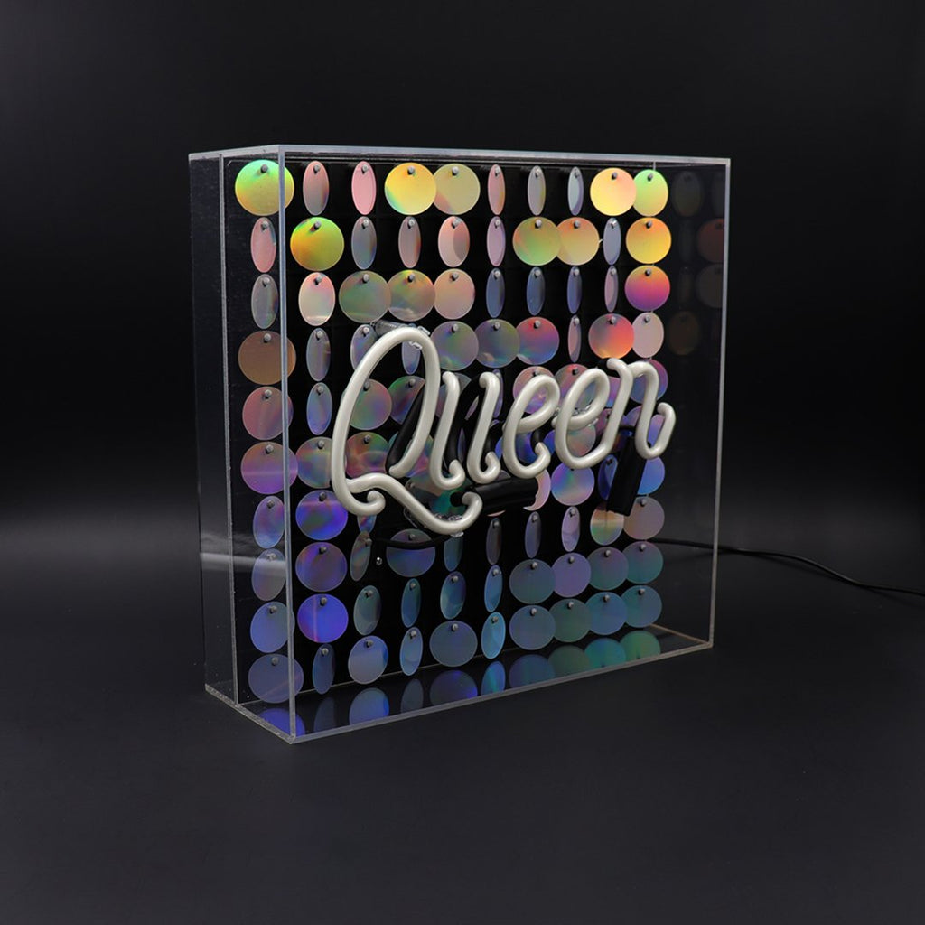 'Queen' Glass Neon Sign with Sequins