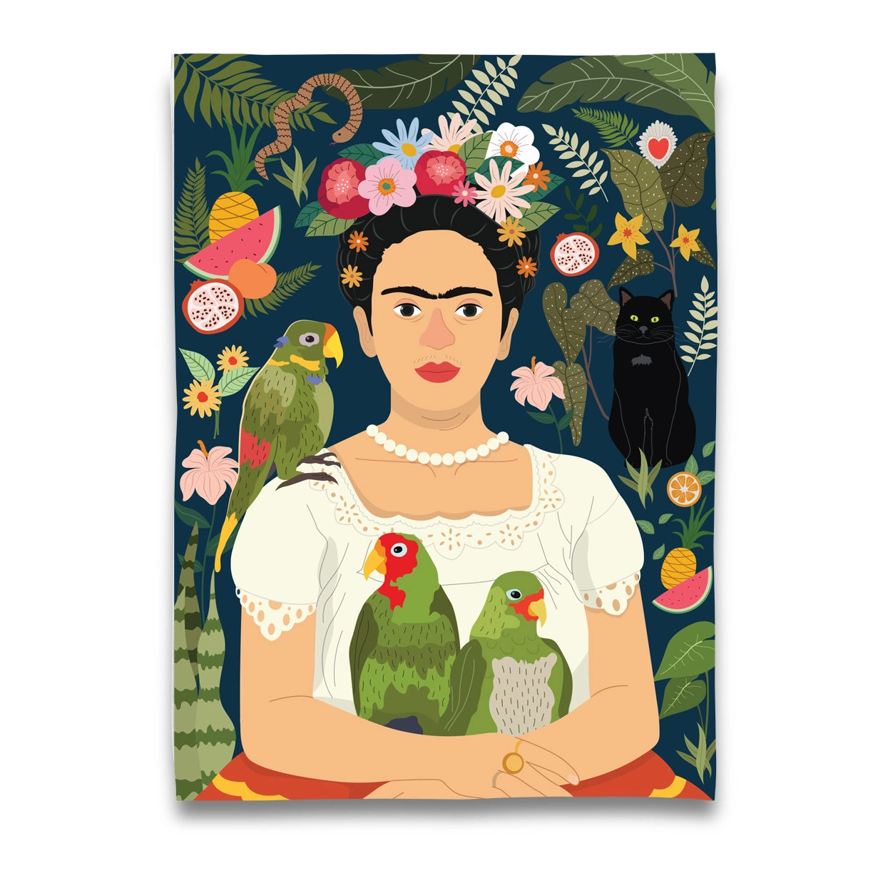 Torchon Frida Kahlo et ses perroquets