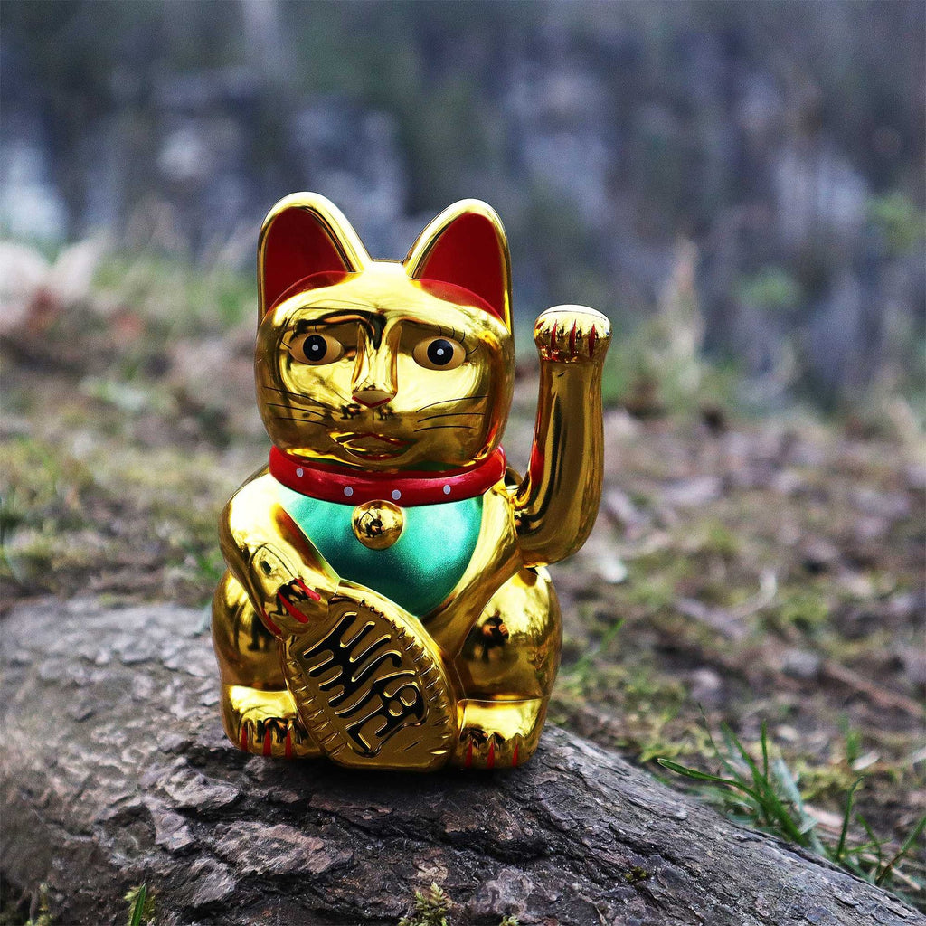 Chat chanceux solaire doré 10,5 cm