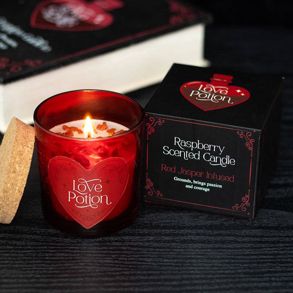 Bougie en cristaux Rouge Jaspe parfum framboise « Love Potion » pour la Saint-Valentin