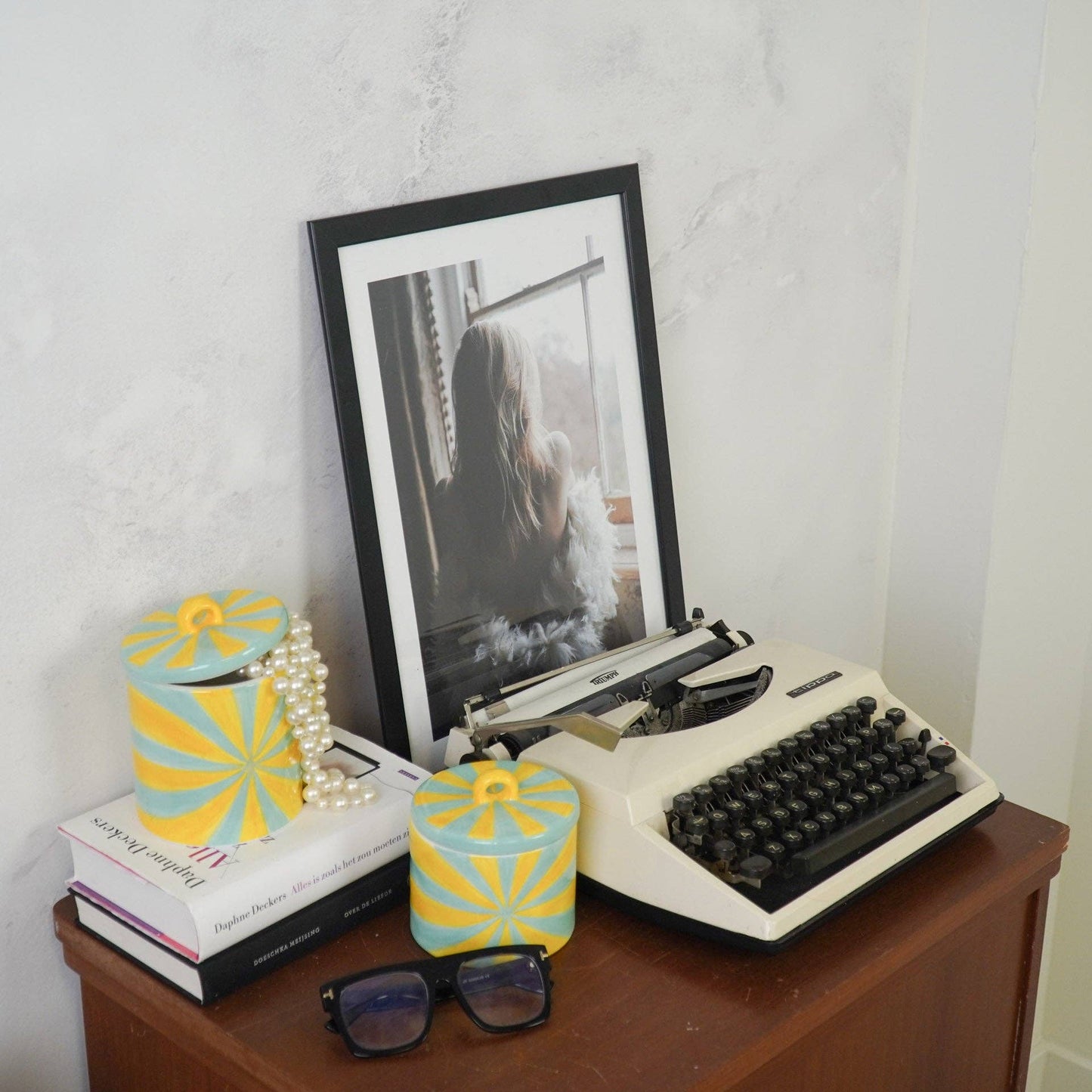 Dekorativer Übertopf – Wirbelmuster – Dolomit – Gelb/Mint – 11 x 11 x 11,5 cm