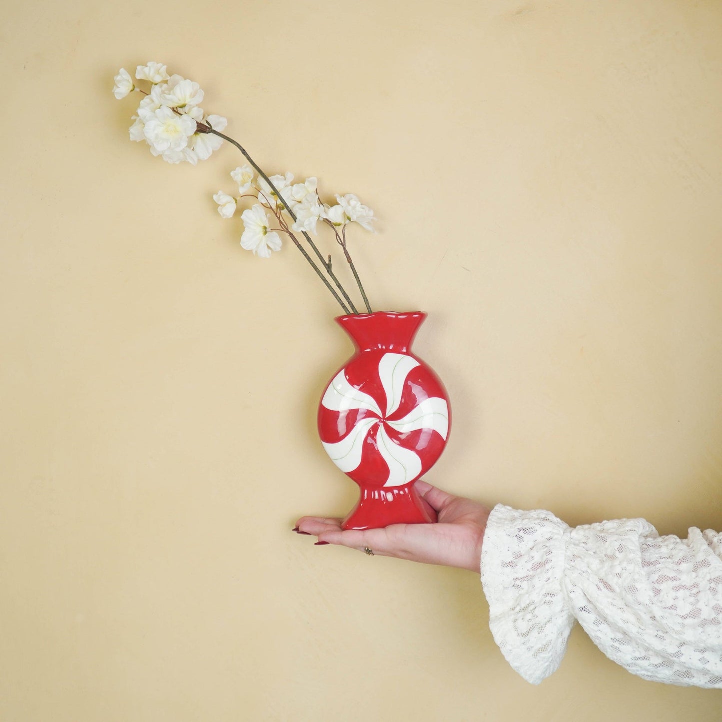 Flower Vase - Caramel Candy - Ceramic - Red/White - 12x6.5x20cm