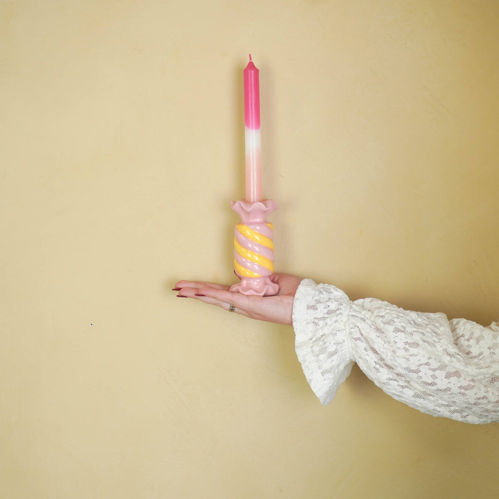 Bougeoir - Bonbon Toffee - Céramique - Rose/Jaune - 7,5x7,5x13 cm