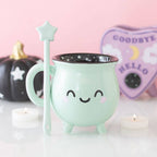 Mug d'Halloween Chaudron kawaii vert menthe avec touillette en forme de baguette
