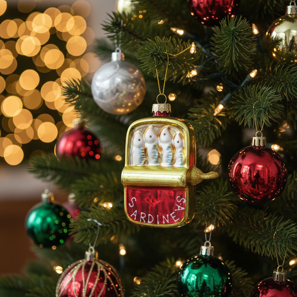 Weihnachtskugel, Dose mit Sardinen