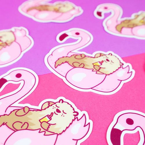 Autocollant Pool Party Loutre sur Bouée Flamant Rose | Designproducten en originele cadeaus