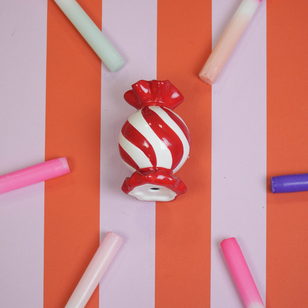 Candlestick - Toffee Candy - Red/White - 8.5x8.5x13 cm