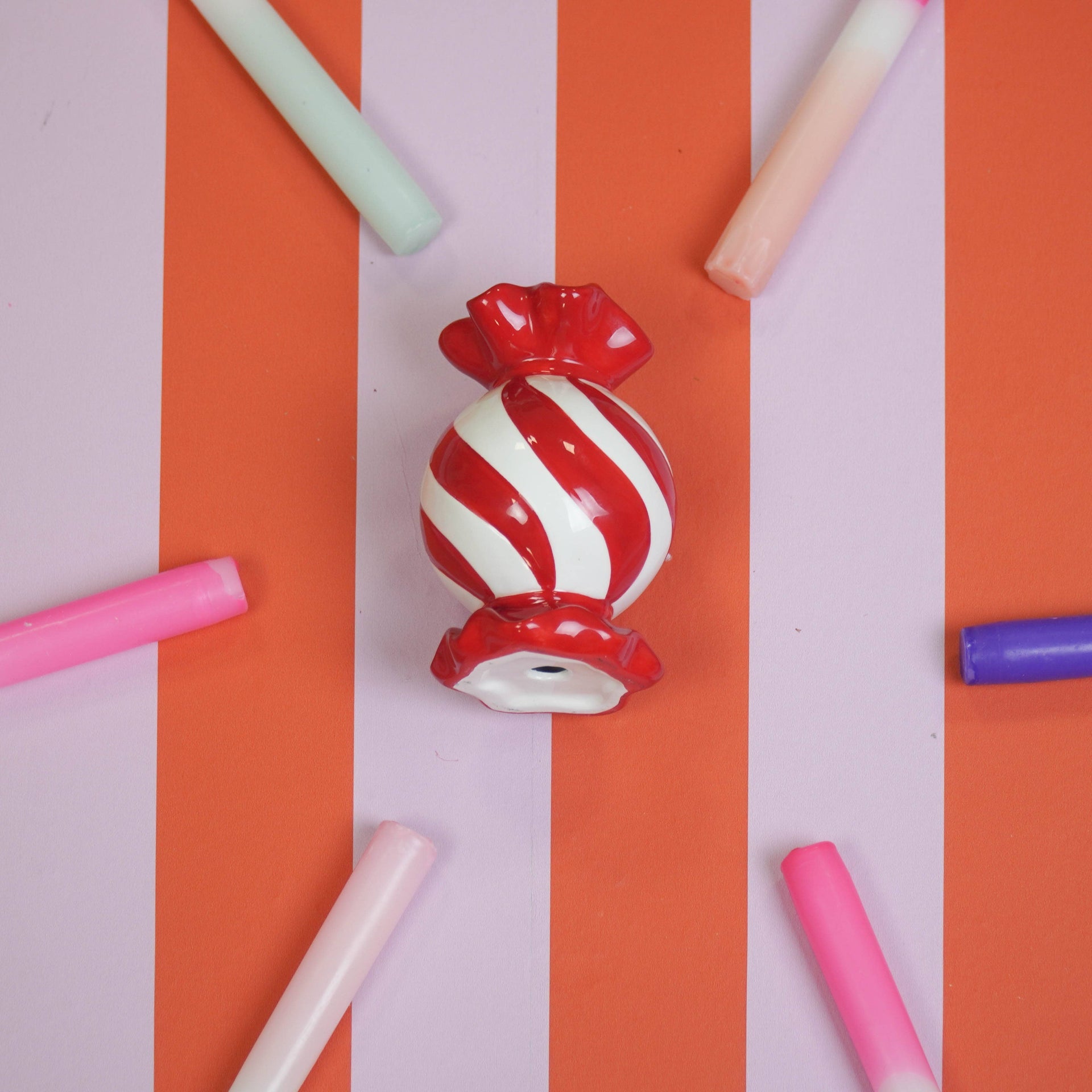 Candlestick - Toffee Candy - Red/White - 8.5x8.5x13 cm