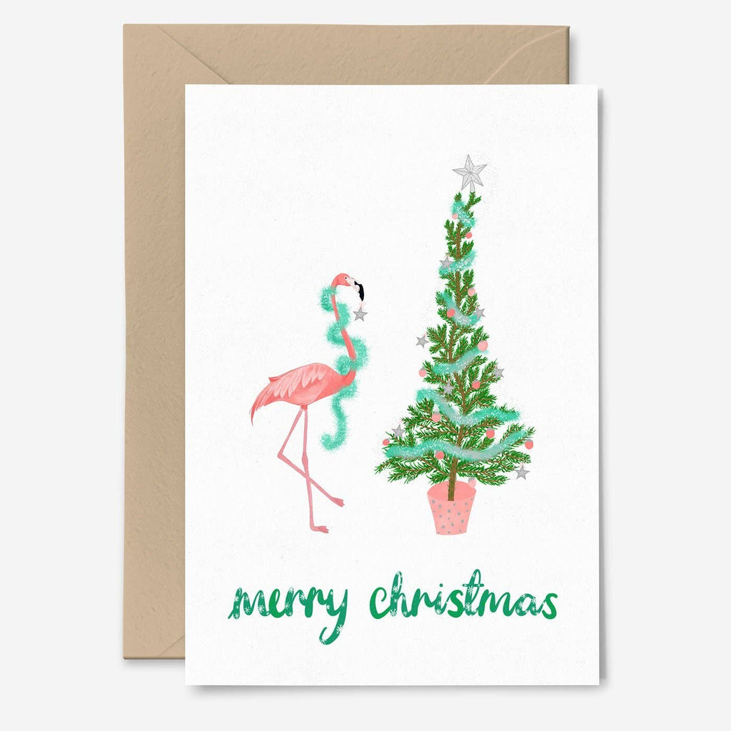 Weihnachtskarte mit rosa Flamingo