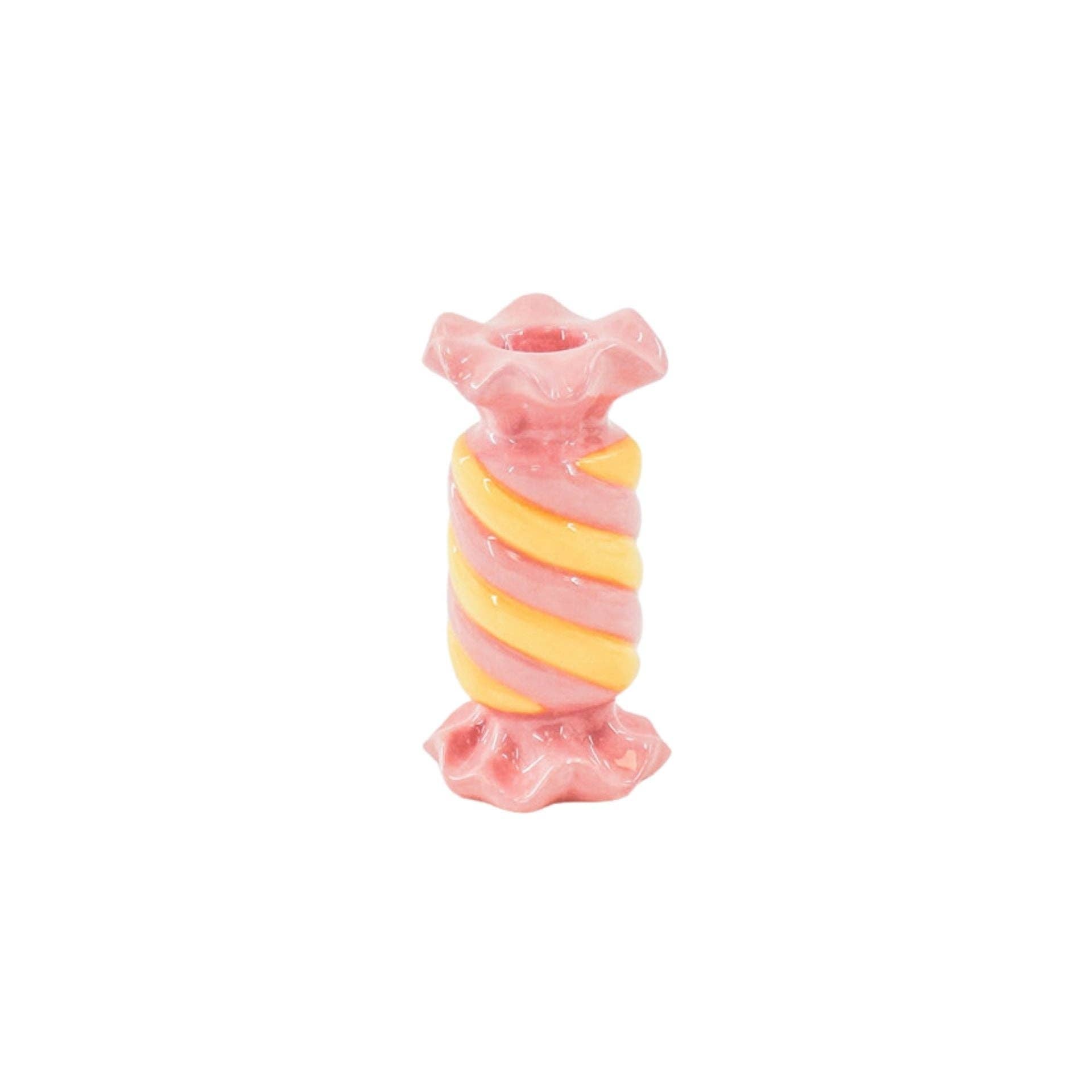 Bougeoir - Bonbon Toffee - Céramique - Rose/Jaune - 7,5x7,5x13 cm