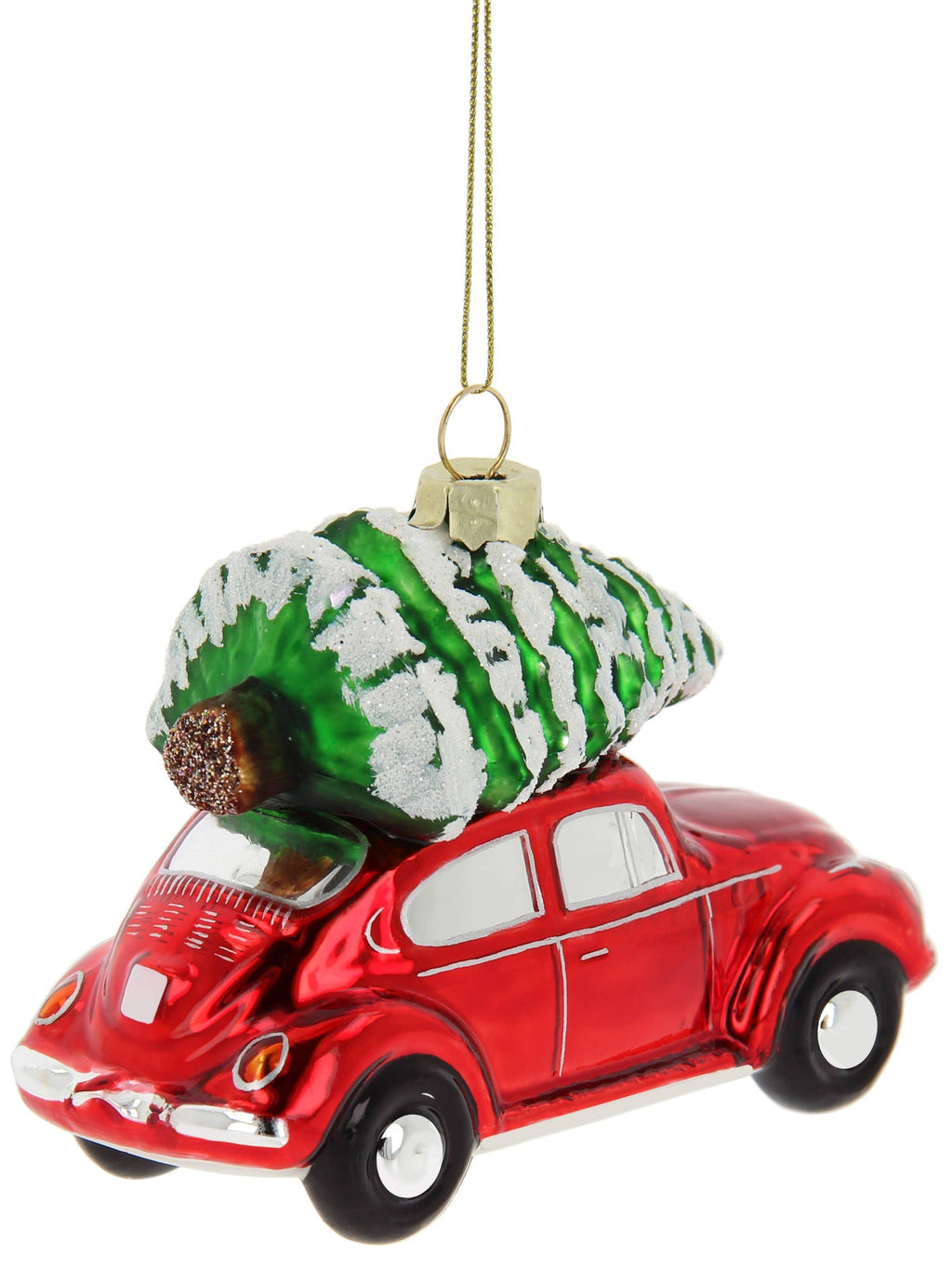 Roter VW Käfer als Weihnachtsdekoration mit Weihnachtsbaum