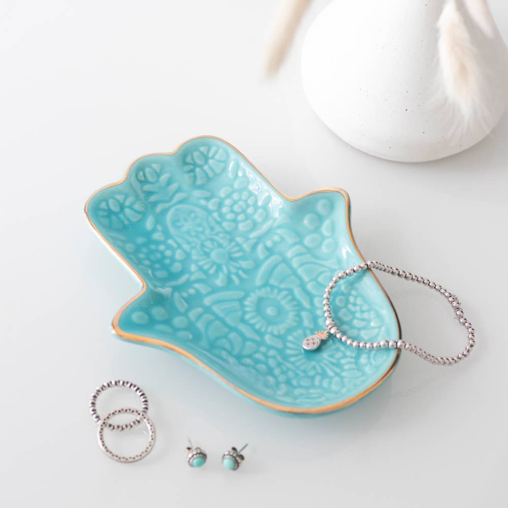 Kleine Schmuckschale aus türkisfarbener Keramik mit Hamsa-Hand