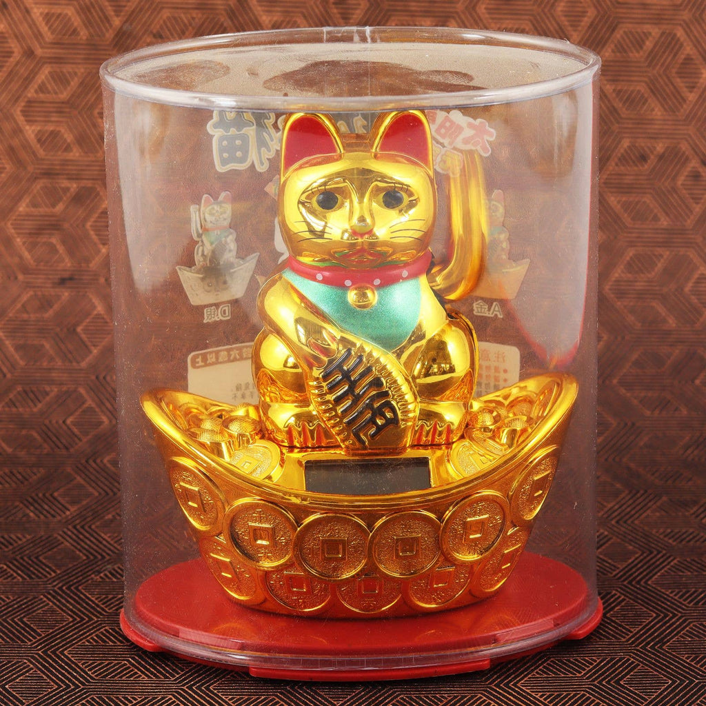 Chat chanceux solaire doré 10cm