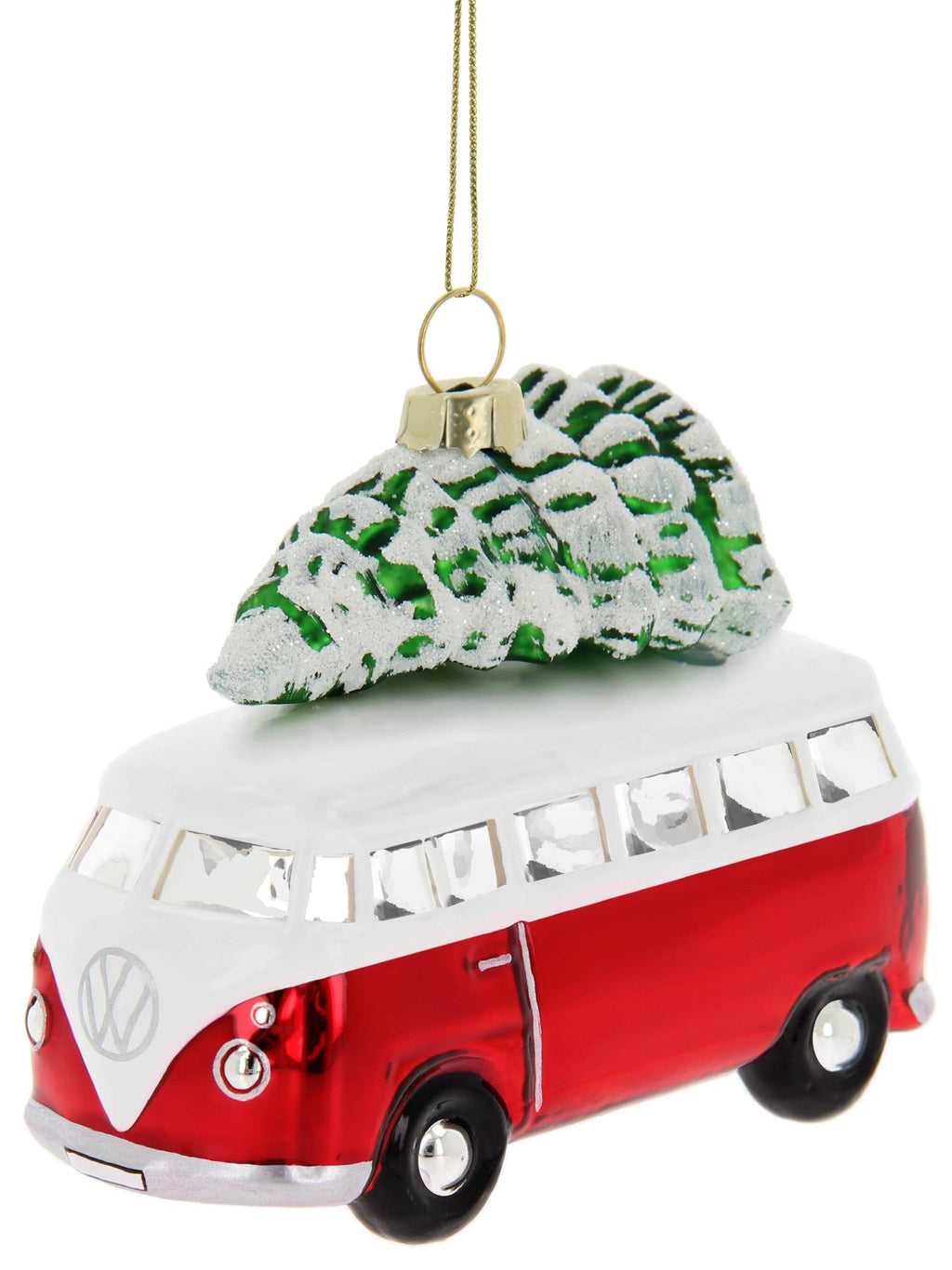 Weihnachtsdekoration für einen rot-weißen VW T1 Bus mit Weihnachtsbaum