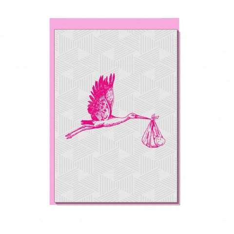 Carte de vœux Cigogne Bébé Rose