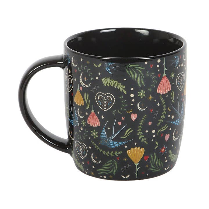 Mug à motif floral folk noir Midnight Bloom | Design e regali originali