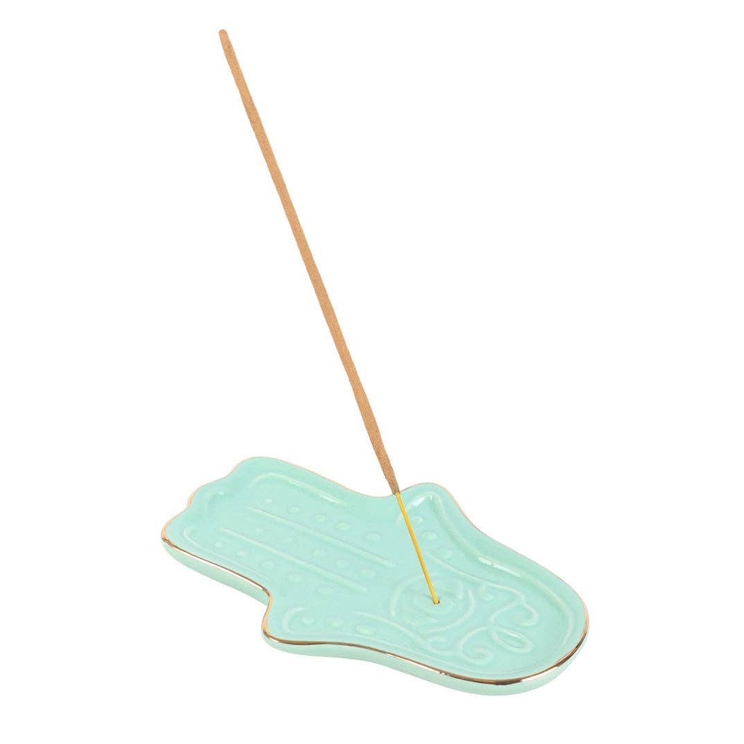 Porte-encens en céramique main Hamsa bleue