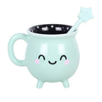 Mug d'Halloween Chaudron kawaii vert menthe avec touillette en forme de baguette