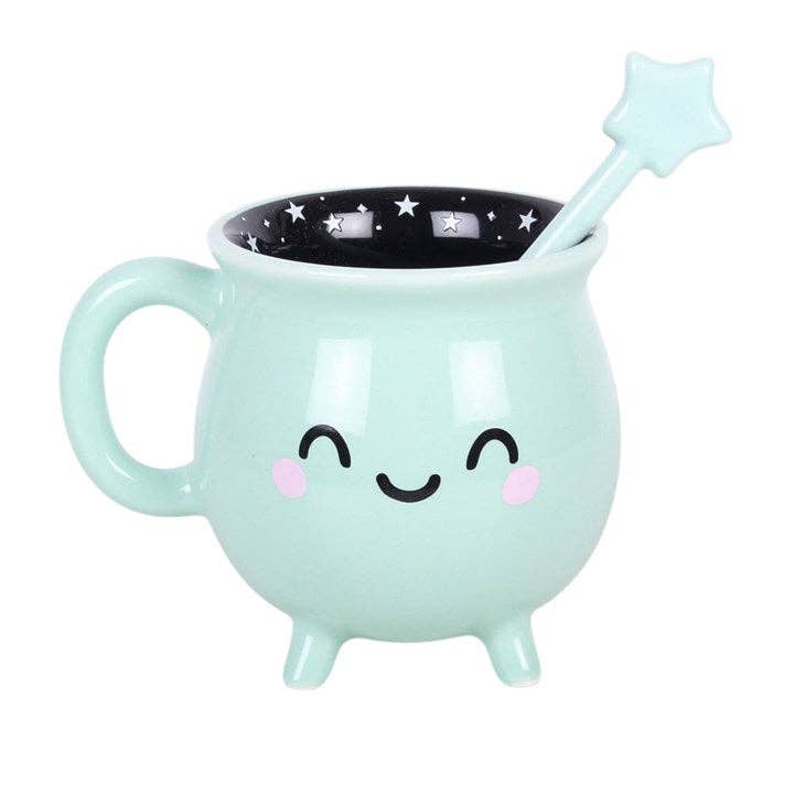 Mug d'Halloween Chaudron kawaii vert menthe avec touillette en forme de baguette