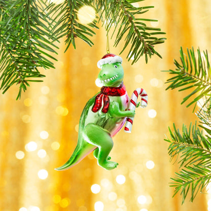 Boule de Noël T-Rex avec canne à sucre