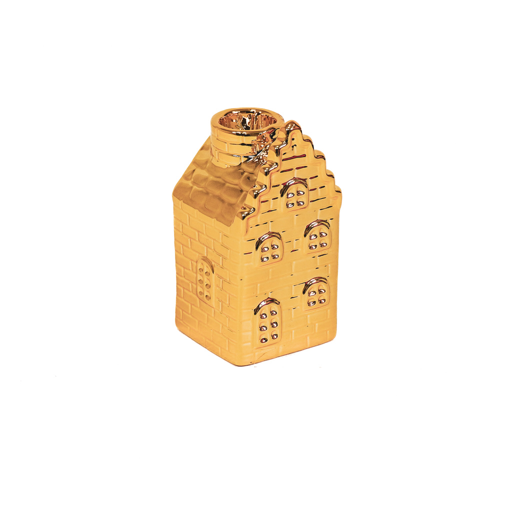 Candlestick - House - Ceramic - Gold - 6x6x11cm