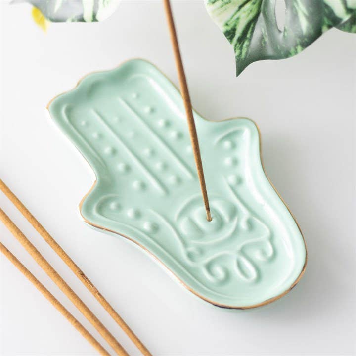 Porte-encens en céramique main Hamsa bleue