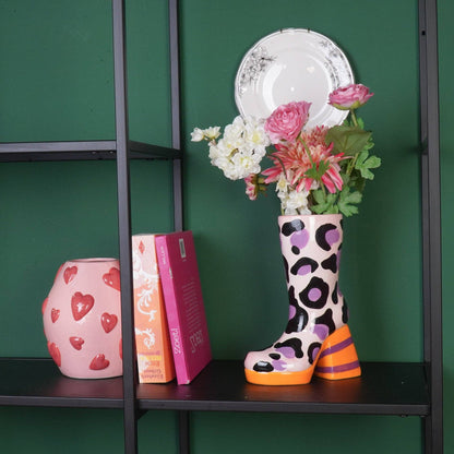 Leopard Print Boot Vase - Pink/Orange