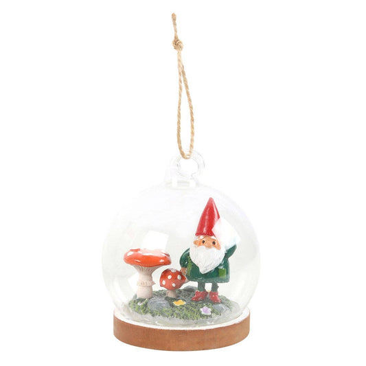 Gnome and Mushroom Glass Dome Hanging Decoration