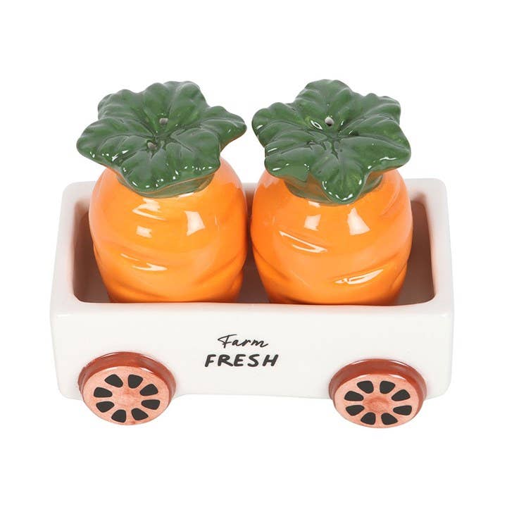 Carrot-shaped salt and pepper shakers in a trolley