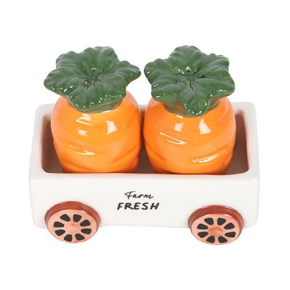 Carrot-shaped salt and pepper shakers in a trolley
