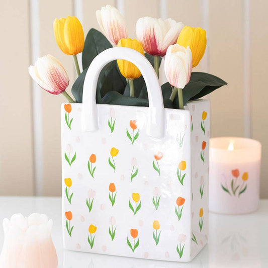 Tulip-patterned ceramic bag-shaped vase for spring flowers
