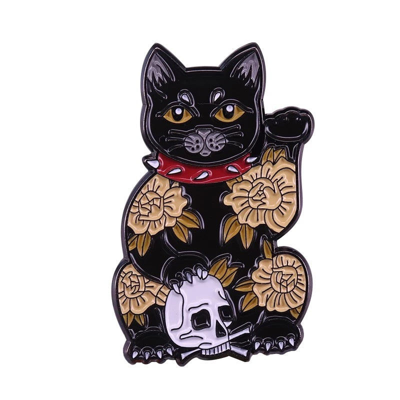 Black Lucky Cat Skull Pin